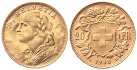 SVIZZERA. 20 Franchi 1935. Au (21mm, 6.46g). Berna. KM 35.1; Fr. 499. qSPL