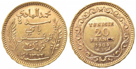TUNISIA. Muhammad IV (1902-1906). 20 Francs 1904. Au (21mm, 6.44g). KM 234; Fr. 12. BB+