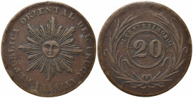 URUGUAY. 20 Centesimos 1844. Cu (19,91 g). KM#2.2. Raro. qBB