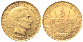 URUGUAY. Repubblica. 5 Pesos 1930. Au (22mm, 8.48g). KM 27; Fr. 6. qSPL