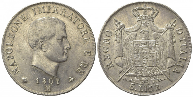 MILANO. Napoleone I re d'Italia (1805-1814). 5 Lire 1807 M. Ar (37mm, 25.01g). P...