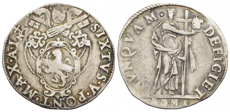 ROMA - Sisto V (1585-1590) - Testone - A. I - Stemma ovale in cornice - R/ La Fe...