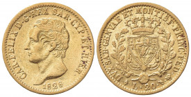 Carlo Felice (1821-1831). 20 Lire 1828. Au (21mm, 6.35g). Torino. Pagani 56; Gigante 29. BB+