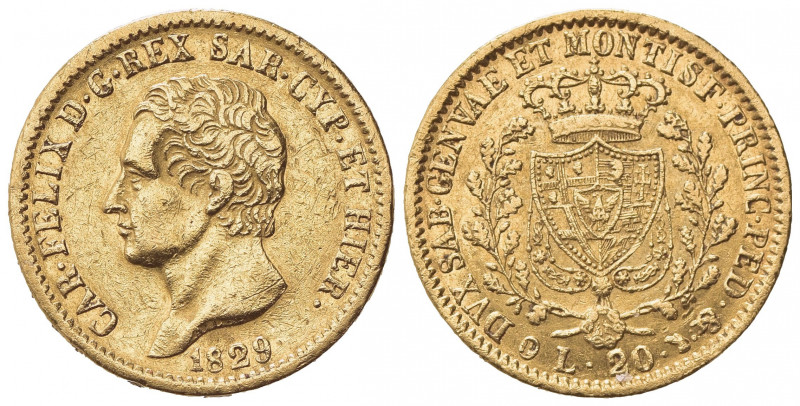 Carlo Felice (1821-1831). 20 Lire 1829. Au (21mm, 6.39g). Torino. Pagani 58a; Gi...