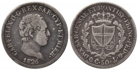 Carlo Felice (1821-1831). 50 centesimi 1826 Genova. Ag (2,45 g). Gig. 88 Rara.qBB