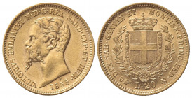 Vittorio Emanuele II (1849-1861). 20 Lire 1855. Au (21mm, 6.46g). Torino. Pagani 347a; Gigante 10a. qSPL
