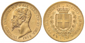 Vittorio Emanuele II (1849-1861). 20 Lire 1858. Au (21mm, 6.44g). Genova. Pagani 352; Gigante 15. BB+