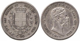 Vittorio Emanuele II (1849-1861) 50 Centesimi 1852 Torino. Ag. Gig. 80 Rara. BB