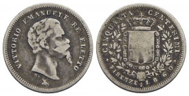 Vittorio Emanuele II Re eletto (1859-1861) - 50 Centesimi - 1860 F - AG RR Pag. 443a; Mont. 121 Baffo a punta e capelli più mossi - Questa variante ri...