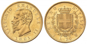 Vittorio Emanuele II (Re d'Italia, 1861-1878). 20 Lire 1861. Au (21mm, 6.47g). Torino. Pagani 455; Gigante 5. qSPL