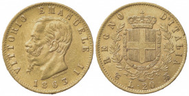 Vittorio Emanuele II (Re d'Italia, 1861-1878). 20 Lire 1863. Au (21mm, 6.44g). Torino. Pagani 457; Gigante 7. SPL