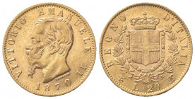 Vittorio Emanuele II (Re d'Italia, 1861-1878). 20 Lire 1870. Au (21mm, 6.44g). Torino. Pagani 465; Gigante 15. BB+