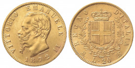 Vittorio Emanuele II (Re d'Italia, 1861-1878). 20 Lire 1872. Au (21mm, 6.47g). Milano. Pagani 467; Gigante 17. qSPL