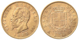 Vittorio Emanuele II (Re d'Italia, 1861-1878). 20 Lire 1873. Au (21mm, 6.49g). Milano. Pagani 468; Gigante 18. BB+