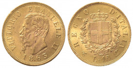 Vittorio Emanuele II (Re d'Italia, 1861-1878). 10 Lire 1863. Au (18.5mm, 3.25g). Torino. Pagani 477; Gigante 27. BB+