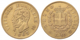 Vittorio Emanuele II (Re d'Italia, 1861-1878). 10 Lire 1863. Au (18mm, 3.20g). Torino. Pagani 477; Gigante 27. qBB