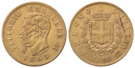 Vittorio Emanuele II (Re d'Italia, 1861-1878). 10 Lire 1863. Au (18mm, 3.21g). Torino. Pagani 477; Gigante 27. qBB