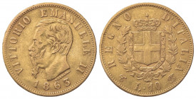 Vittorio Emanuele II (Re d'Italia, 1861-1878). 10 Lire 1863. Au (18mm, 3.19g). Torino. Pagani 477; Gigante 27. qBB