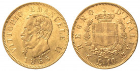 Vittorio Emanuele II (Re d'Italia, 1861-1878). 10 Lire 1865. Au (18.5mm, 3.23g). Torino. Pagani 478; Gigante 28. BB+