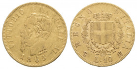 Vittorio Emanuele II Re d'Italia (1861-1878) - 10 Lire - 1865 T - AU RR Pag. 478; Mont. 158 - MB+
