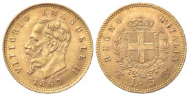 Vittorio Emanuele II (Re d'Italia, 1861-1878). 5 Lire 1863. Au (17mm, 1.60g). Torino. Pagani 479; Gigante 29. BB+
