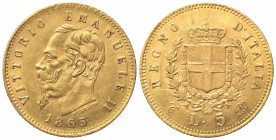 Vittorio Emanuele II (Re d'Italia, 1861-1878). 5 Lire 1865. Au (17mm, 1.60g). Torino. Pagani 480; Gigante 30. BB+