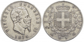 Vittorio Emanuele II Re d'Italia (1861-1878) - 5 Lire - 1874 M - AG Pag. 498; Mont. 182 - BB+