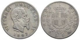 Vittorio Emanuele II Re d'Italia (1861-1878) - Lira - 1867 T Stemma - AG RR Pag. 519; Mont. 205 - qBB/BB+