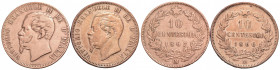 Vittorio Emanuele II Re d'Italia (1861-1878) - 10 Centesimi - 1866 M e 1867 OM - CU Lotto di due monete pulite - MB