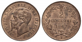 Vittorio Emanuele II Re d'Italia (1861-1878) - 2 Centesimi - 1867 T - CU R Pag. 561; Mont. 257 Rame rosso - FDC