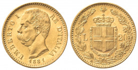 Umberto I (1878-1900). 20 Lire 1881. Au (21mm, 6.47g). Roma. Pagani 577; Gigante 11. qSPL