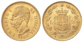 Umberto I (1878-1900). 20 Lire 1882. Au (21mm, 6.45g). Roma. Pagani 578; Gigante 12. BB+