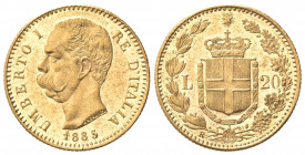 Umberto I (1878-1900). 20 Lire 1885. Au (21mm, 6.47g). Roma. Pagani 581; Gigante 15. qSPL