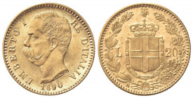 Umberto I (1878-1900). 20 Lire 1890. Au (21mm, 6.45g). Roma. Pagani 585; Gigante 19. BB+