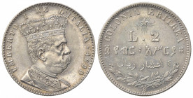 Umberto I (1890-1896). Colonia Eritrea. 2 Lire 1890. Ar (27mm, 10.00g). Roma. Pagani 632; Gigante 3. BB+