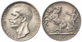 Vittorio Emanuele III (1900-1943). 10 Lire 1927. Ar (26.5mm, 10.04g). Roma. Pagani 692; Gigante 56. BB+
