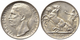 Vittorio Emanuele III (1900-1943). 10 lire "Biga" 1927 **due rosette "Biga". Gig. 56a. SPL+