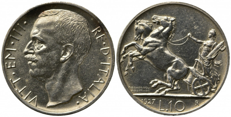 Vittorio Emanuele III (1900-1943). 10 lire "Biga" 1927 ** due rosette Ag. Gig. 5...