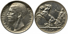Vittorio Emanuele III (1900-1943). 10 lire "Biga" 1927 ** due rosette Ag. Gig. 56a. SPL