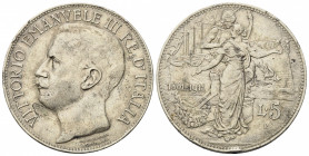 Vittorio Emanuele III (1900-1943). 5 lire 1911 "Cinquantenario". Ag. Gig. 71. qSPL