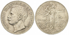 Vittorio Emanuele III (1900-1943). 5 lire 1911 "Cinquantenario". Ag. Gig. 71. SPL+/qFDC