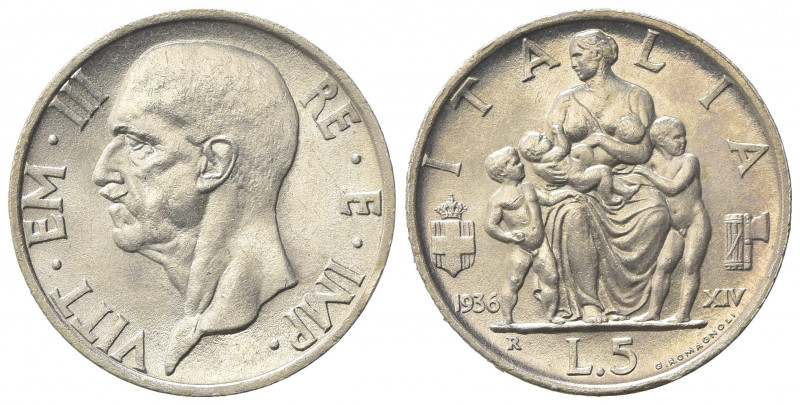 Vittorio Emanuele III (1900-1943). 5 Lire 1936 XIV. Ar (23mm, 5.00g). Roma. Paga...