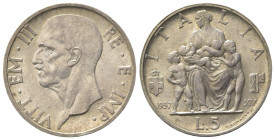 Vittorio Emanuele III (1900-1943). 5 Lire 1937 XV. Ar (23mm, 5.00g). Roma. Pagani 720; Gigante 84. qSPL