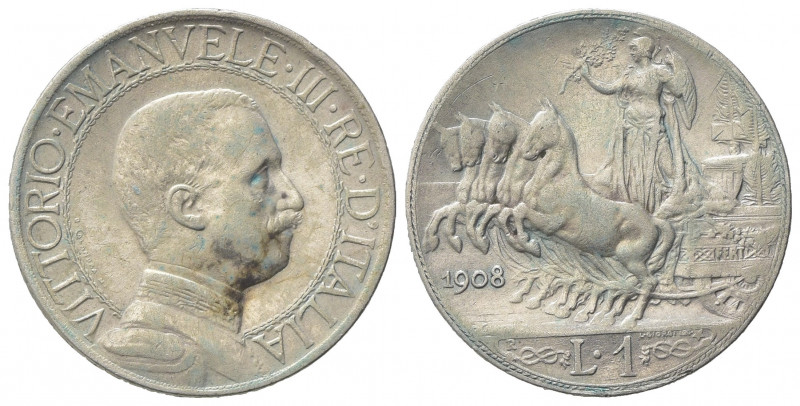 Vittorio Emanuele III (1900-1943). 1 Lira 1908. Ar (23mm, 4.95g). Roma. Pagani 7...