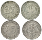 Vittorio Emanuele III (1900-1943). Lotto di due 25 Centesimi 1902 e 1903. Gigante 191-2. BB