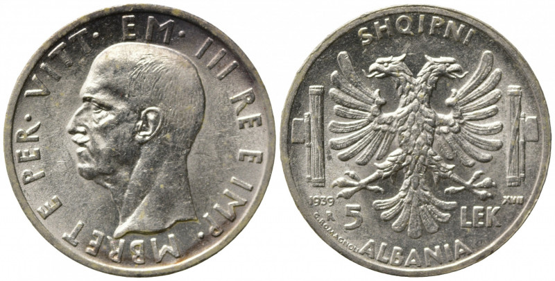 Vittorio Emanuele III (1900-1943). Albania. 5 Lek 1939. Ag. Gig. 2. qFDC