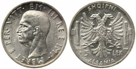 Vittorio Emanuele III (1900-1943). Albania. 5 Lek 1939. Ag. Gig. 2. qFDC