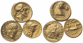 Lotto di 3 Riproduzioni di monete Romano Repubblicane (serie anonima e L. Sulla and L. Manlius Torquatu) e Imperiali (Nerone). Metallo dorato (16.39g)...