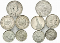 Germania. Loto di 5 monete in AR, 3 Mark 1909, 5 Mark 1935, 1936, 2 mark 1938, 1 mark 1915. Da BB a SPL