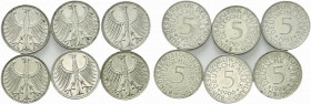 Germania. Lotto di 6 monete da 5 marchi in AR 1951 (4) e 1966 (2). SPL